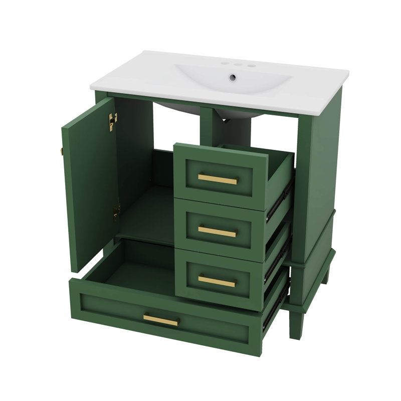 Combinaison de meuble-lavabo de salle de bain élégant de 30 pouces avec 3 tiroirs à fermeture silencieuse, Vert/doré