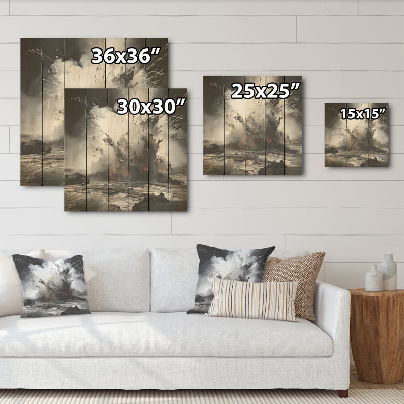 Explosion de geyser noir et blanc - Art mural en bois de geyser sur bois de pin naturel, H 36 po x l 36 po