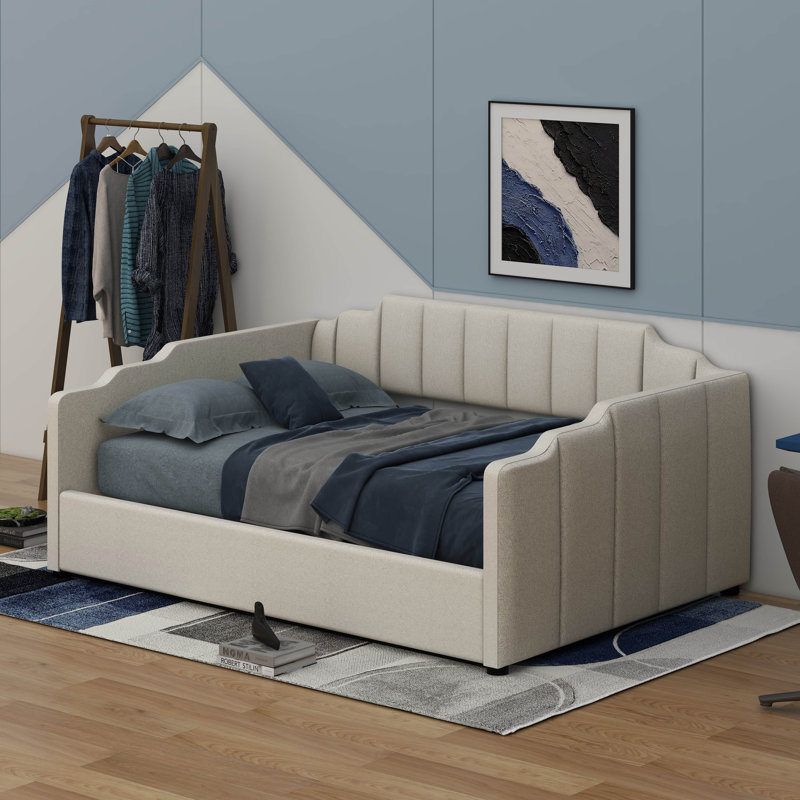 Full Size Upholstered Daybed With Underneath Storage, Beige