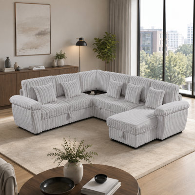 103 Inch U Shaped Sectional Sofa with Pull Out Sleeper Bed, Corduroy Fabric Modular Couch with Storage Chaise, Coffee Table with Cup Holders and USB Charging Ports for Living Room