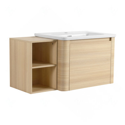 Meuble-lavabo mural 40 po en contreplaqué de chêne blanc avec lavabo en céramique blanche, tablettes de rangement et 1 porte à fermeture en douceur