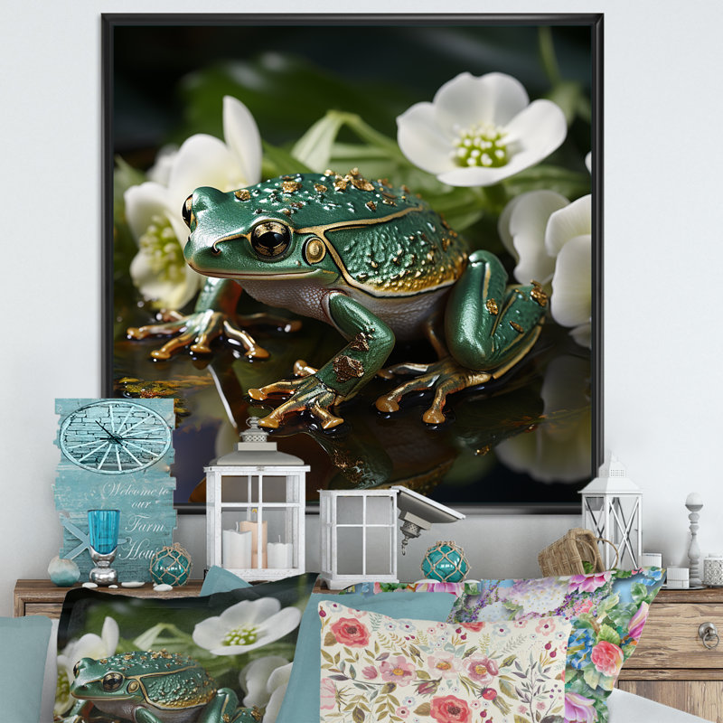 Grenouille verte sur verre, impression sur toile, H 16 po x l 16 po x P 1 po, Cadre flottant noir