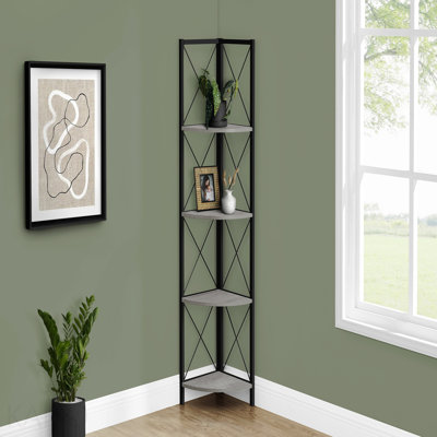 Bookshelf, Bookcase, Etagere, Corner, 4 Tier, 60"H, Office, Bedroom, Grey Laminate, Black Metal, Contemporary, Modern