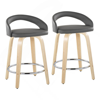 Tabouret de comptoir à hauteur fixe avec pivot en bois naturel et similicuir avec repose-pieds rond en métal chromé - ensemble de 2