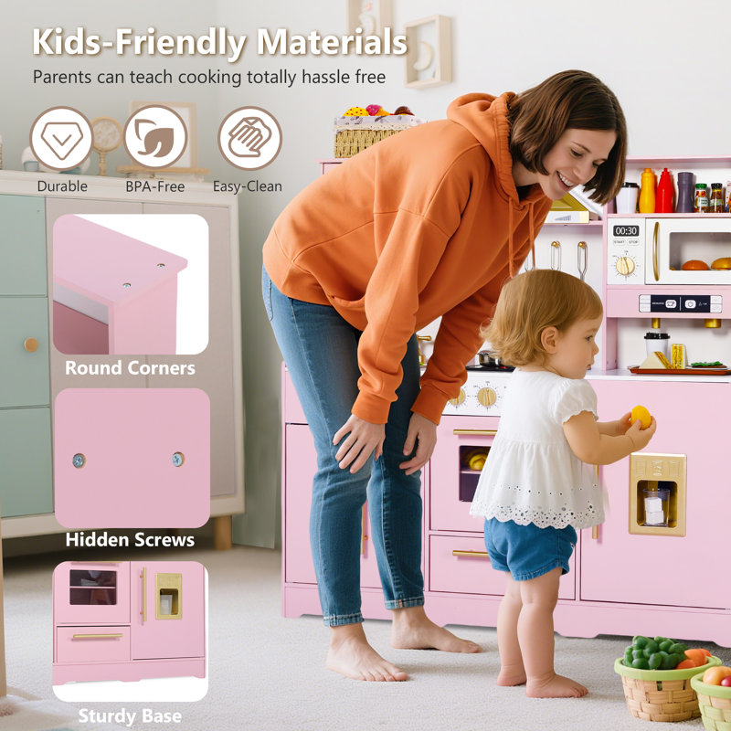 Wooden Kids Play Kitchen, Toy Kitchen Playset for Toddler, Realistic Kitchen Sets w/Lights & Sounds, Gift for Boys Girls Age 3+