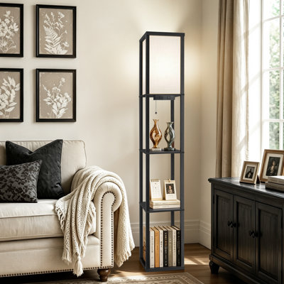 63" Column Floor Lamp With Shelves With Bulb And USB Charging Station