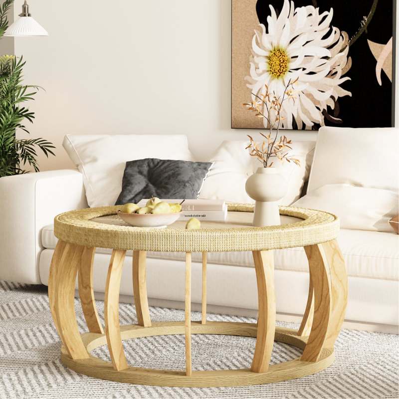 Table basse ronde de 34,82 po, pieds en bois massif, centre de table bohémien côtier et courbée polyvalente pour différents styles de pièce