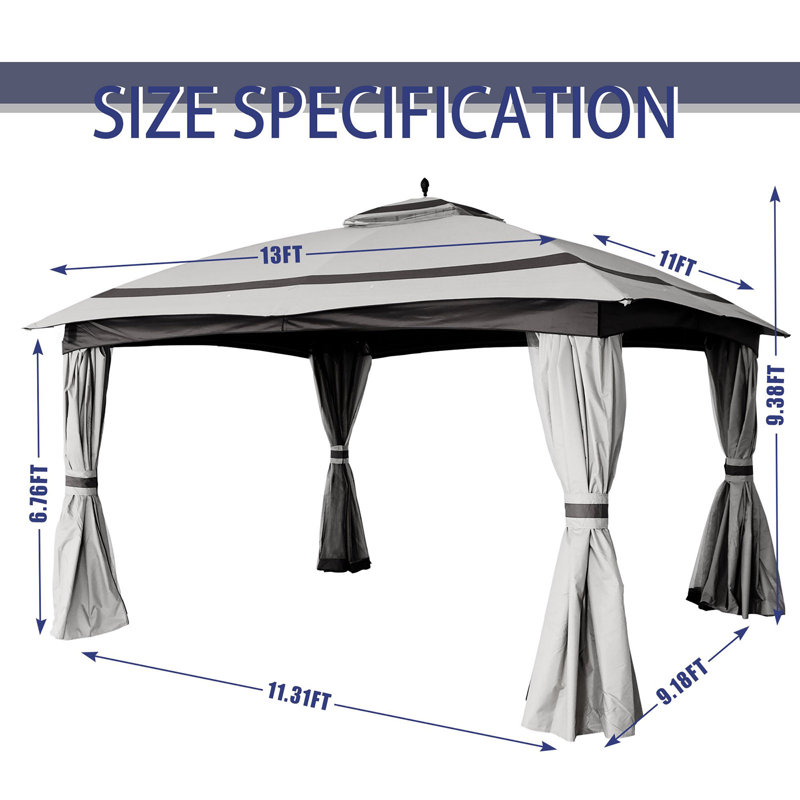 13 Ft x 11 Ft Gray Steel Patio Gazebo with Netting and Curtain