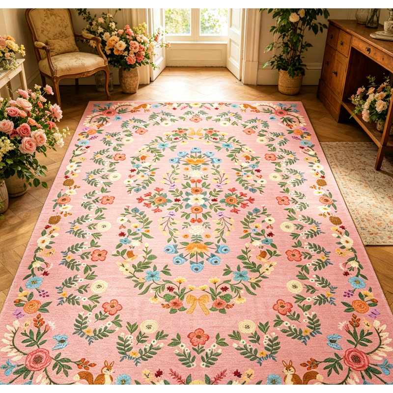 Tapis rétro taupe lavable pour l'intérieur, Pink, Rectangle 6' x 9'