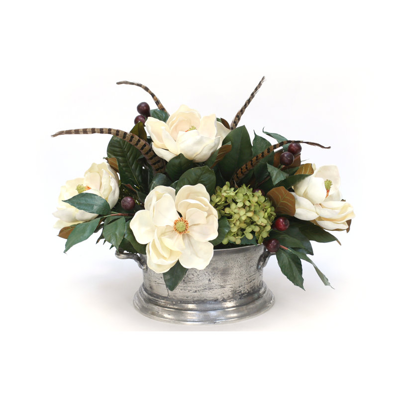 Magnolia with Hydrangeas Mixed Floral Arrangement in Planter