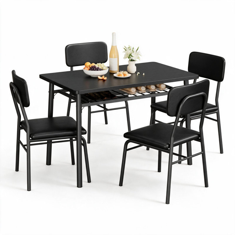 Ensemble de table de salle à manger 5 pièces peu encombrant, table rectangulaire en panneau de fibres à densité moyenne avec support de rangement et 4 chaises rembourrées, ensemble de cuisine en bois fini noir pour appartement