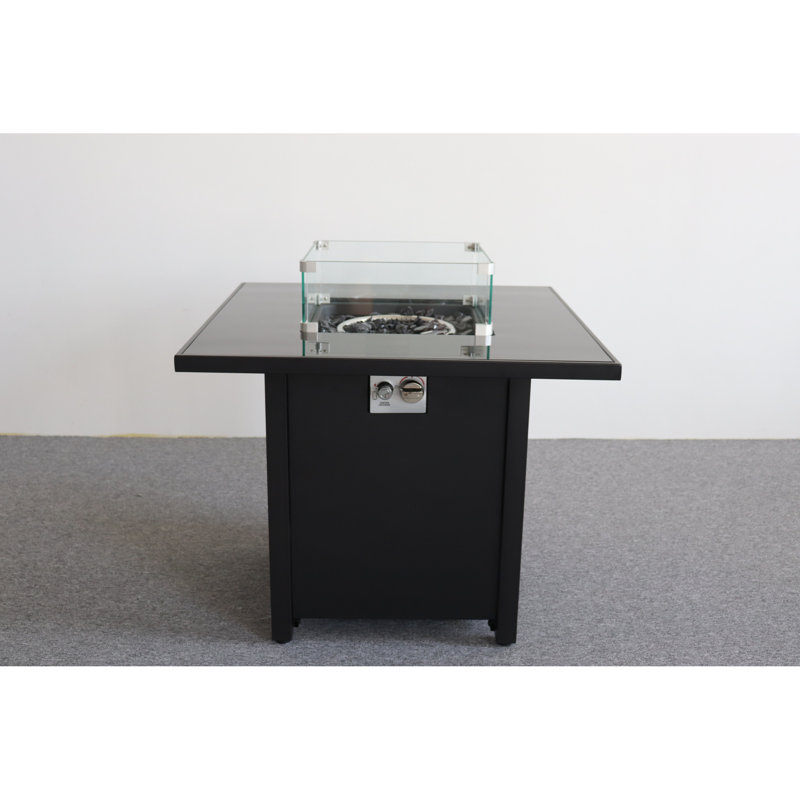 Black Steel Fire Pit With 40,000 Flame - Heat Glass Included Modern Smoked Top Burning Rate