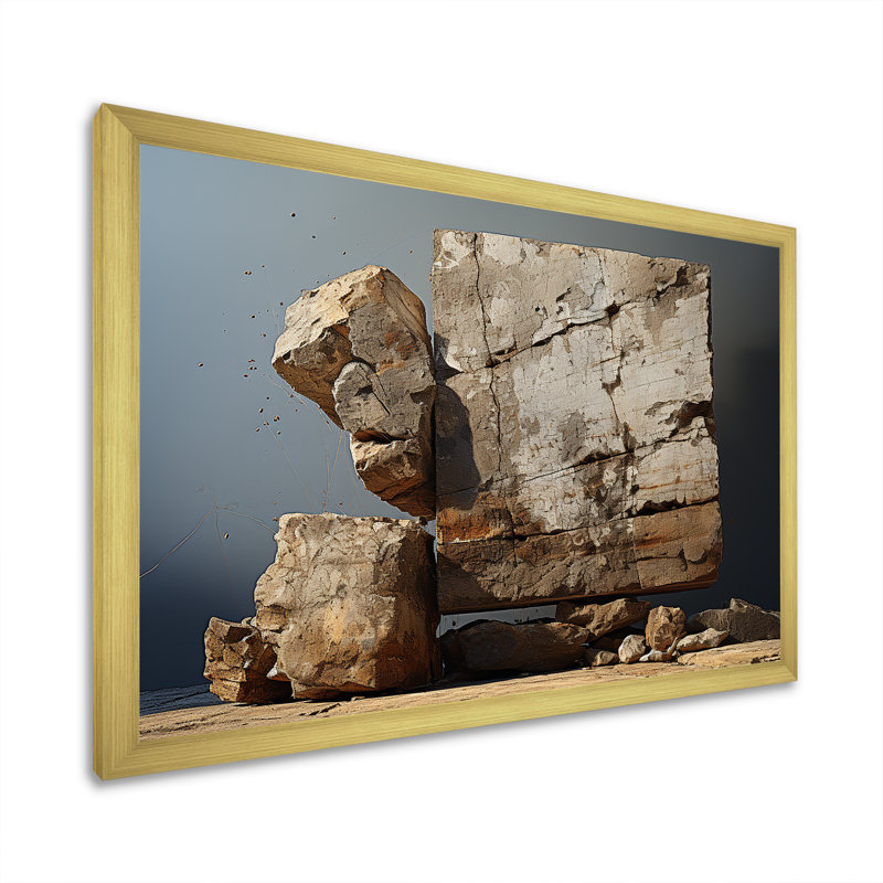 «Brown Stone Geode Minimalisme Charm», reproduction sur toile, Cadre doré simple, H 34 po x l 44 po x P 1,5 po