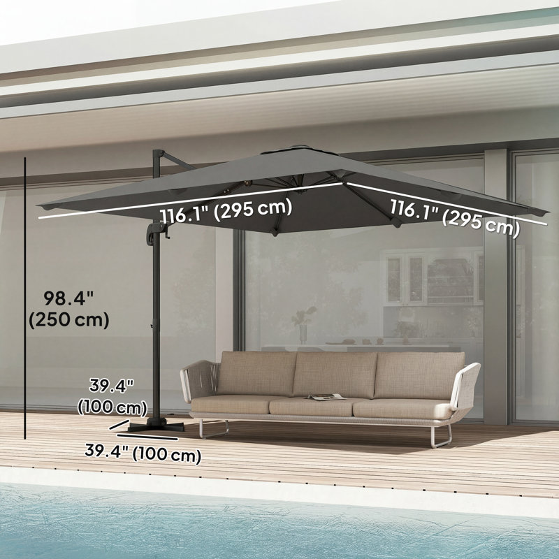 Parasol de patio en porte-à-faux 10 pi, parasol carré avec poignée, Gris