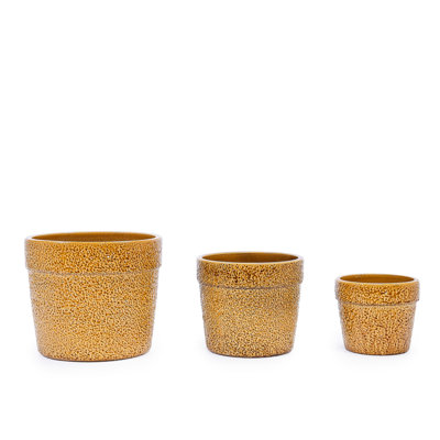 3 Pieces, Modern Planter, Antique Yellow, Reinforced Ceramic, Long - Lasting Indoor Use Pieces Glossy Yellow Flowerpot, Construction For Outdoor