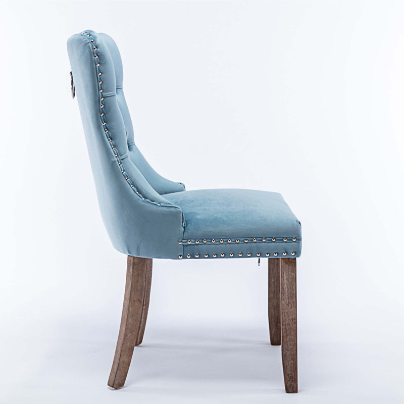 Gayna Velvet Side Chair, Light Blue Velvet, Brown