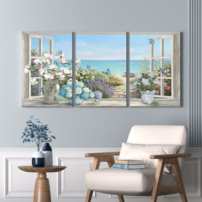 Ensemble de 3 tableaux sur toile « Jardin de fenêtre avec fleurs et papillons ».