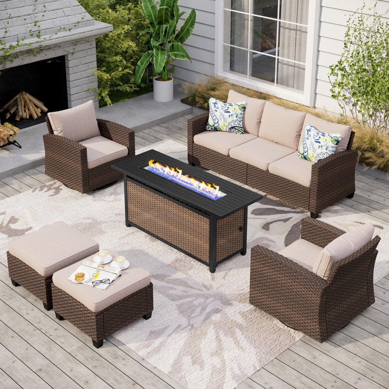 5 - Person Outdoor Wicker Patio Conversation Set with Swivel Chairs, Beige, Yes