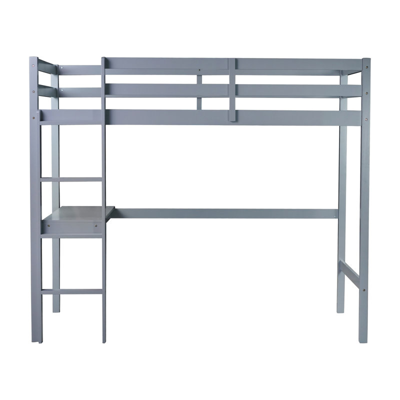 Twin Loft Bed with Built-in Desk, Rubber Wood High Loft Bed with Safety Guardrail & Ladder, Gray