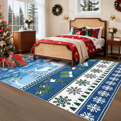 Tapis de Noël 2x6 - lavable, antidérapant, imprimé père Noël et renne, velours court, tapis pliable pour le couloir, la cuisine, le chevet (gris)