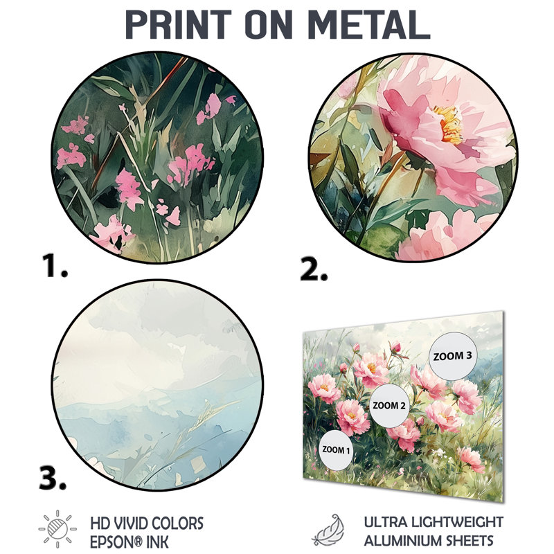 Pivoines et la prairie d'été I - Pivoines, impression sur métal, H 16 po x l 32 po