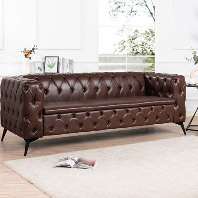 82.43Inch For Three, Square Arm, Detachable Cushion, Dark Brown Pu, Iron Leg, Enrapturing Design 3 Couch With Width, Removable Cushions, Legs, Graceful