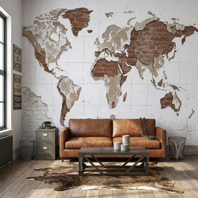 Papier peint brique carte du monde amovible