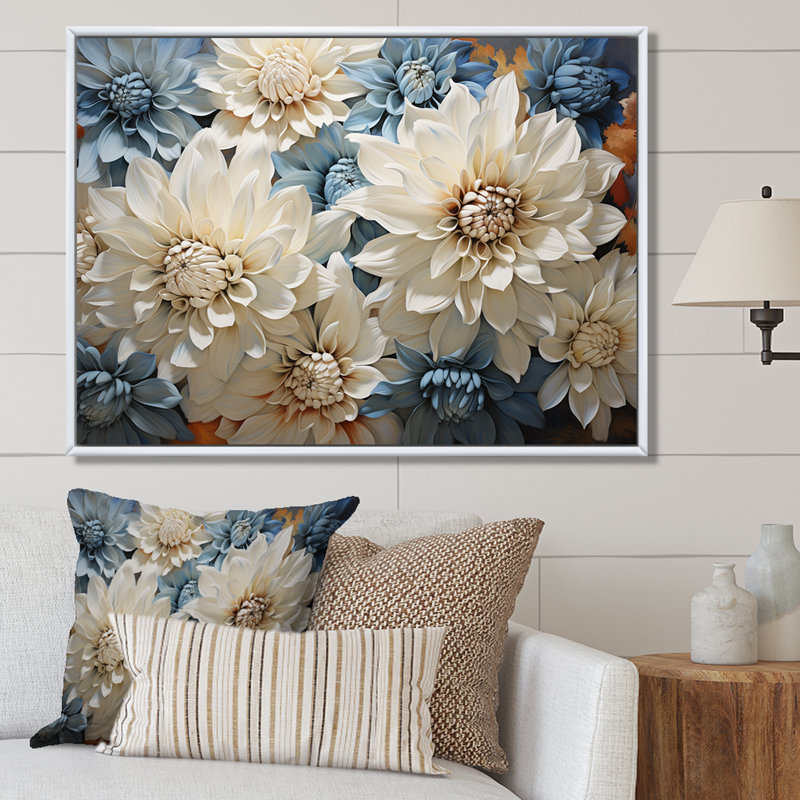 Collage de chrysanthèmes blancs et bleus - impression, Cadre naturel flottant, H 24 po x l 32 po x P 1 po