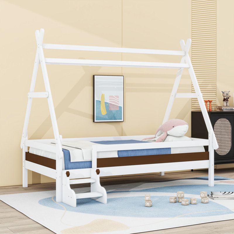 House Platform Bed With Stairs, Twin, White