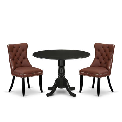 3 Piece Dining Room Set Includes a Round Kitchen Table with Dropleaf and 2 Upholstered Chairs, Black