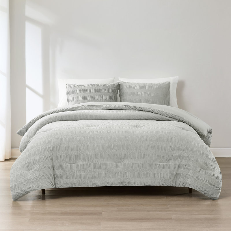 Azalea Ruched Velvet Stripe Comforter Set, Gray, 3, Queen Comforter + 2 Shams