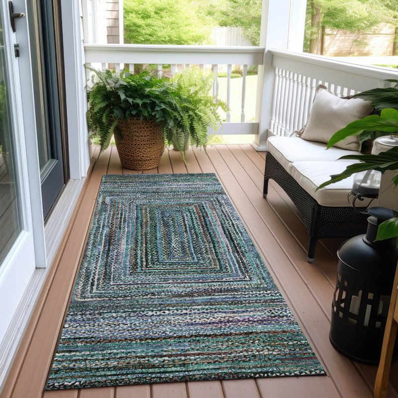 Teal Synthetic Washable Geometric Indoor/Outdoor Rug 2'3" x 7'6"