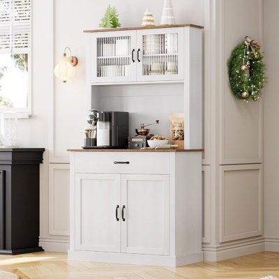 Tall Kitchen Pantry Cabinet with Microwave Stand and Coffee Bar, Freestanding Wooden Hutch with Adjustable Shelves and 4 Doors, 71" Storage Cabinet fo by Alcott Hill