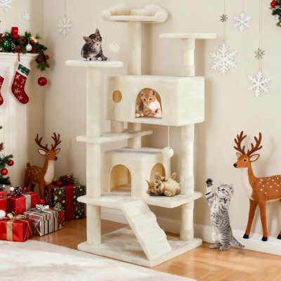  54in Beige Multi-Functional Cat Tree Tower with Detachable Toys, Cozy Cat House & Play Lounge for Modern Home Decor