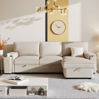 96" Upholstery Sleeper Sectional Sofa with Hidden Cup Holders & Side Storage Bags | Twin-Size Pull-Out Bed, 59" Chaise, Square Arms