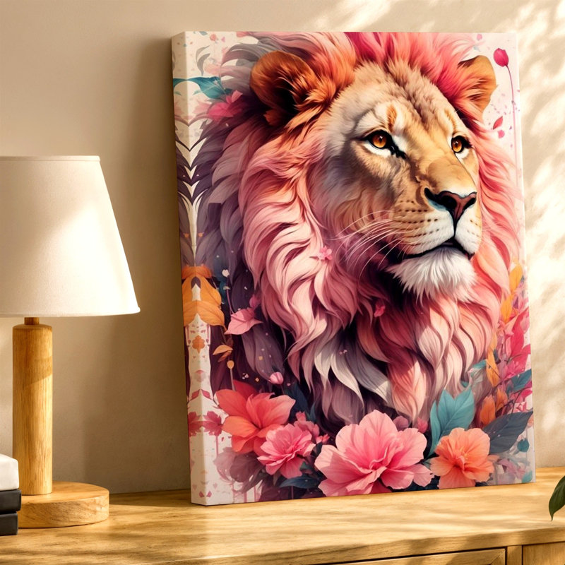 Reproduction d'art sur toile moderne à motif de lion à crinière rose, 11 x 14 po