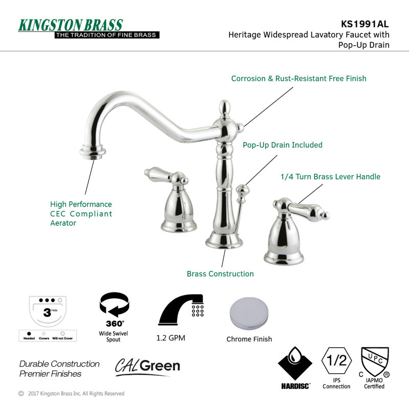 Kingston Brass Heritage Two-Handle 3-Hole Deck Mount Widespread Bathroom Faucet with Brass Pop-Up Drain, Polished Chrome