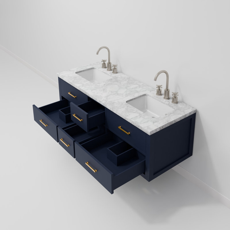 Ensemble de meuble-lavabo double 60 po, Bleu, Marbre de Carrare blanc