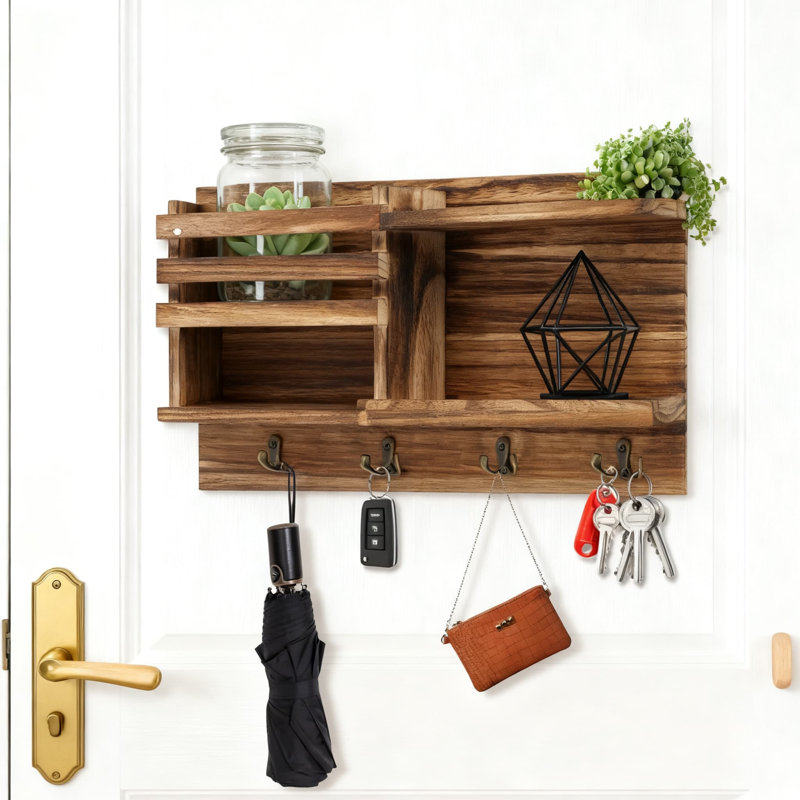 Porte-clés mural avec 4 crochets, courrier en bois massif et porte-clés pour l'entrée, fixation auto-adhésive ou perceuse, solution de rangement polyvalente pour la décoration intérieure