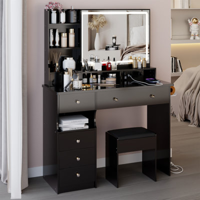 41" Large Size Left Drawer Desktop Vanity Table+Cushioned Stool Dresser Set, 2 AC+2 USB Power Station, Hair Dryer Stand, Extra Large Touch Control LED by Latitude Run