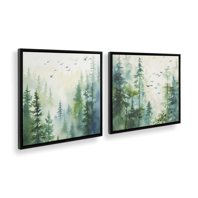 «Woodland Birds in Mist», ensemble de 2, reproduction sur toile, Cadre noir, H 16,75 po x l 16,75 po