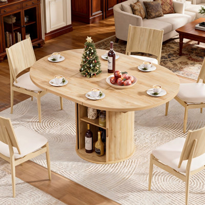 Large Round&Oval Dining Table With 4-Panel Easy Assembly & Hidden Storage In Fluted Base, Sturdy MDF Melamine Dinner Table For 8 Seater