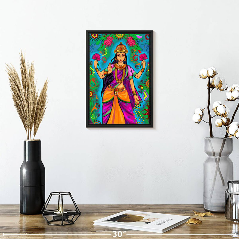 Déesse indienne Lakshmi, 9 po x 13 po, Cadre flottant noir
