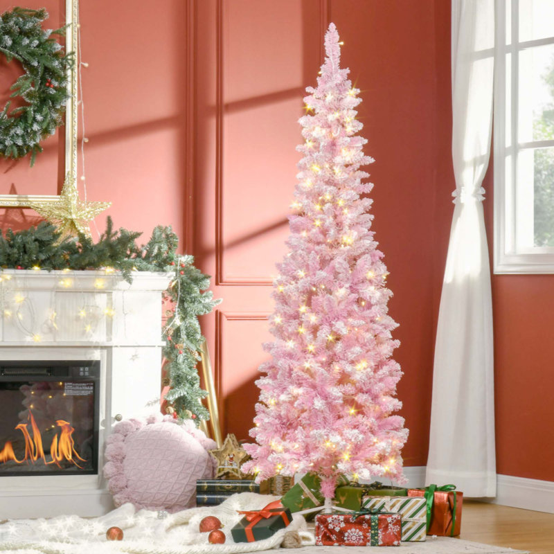 Arbre de Noël artificiel enneigé 6 pi avec forme de crayon, branches de pin réalistes, lumières DEL blanc chaud, ouverture automatique, rose et blanc