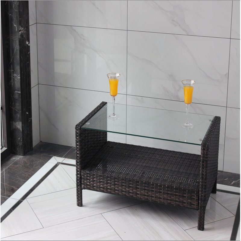 Table basse d'extérieur pour terrasse avec verre trempé transparent, H 17,7 po x l 34,6 po x P 20,5 po, Transparent / brun