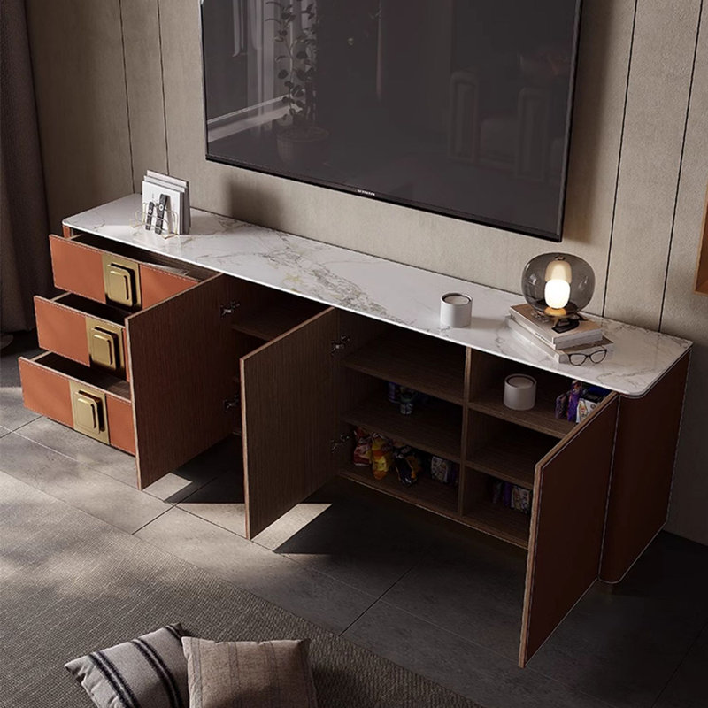 Meuble télé en pierre frittée de luxe de style français, H 23,63 po x l 70,87 po x P 13,78 po, Noir / blanc
