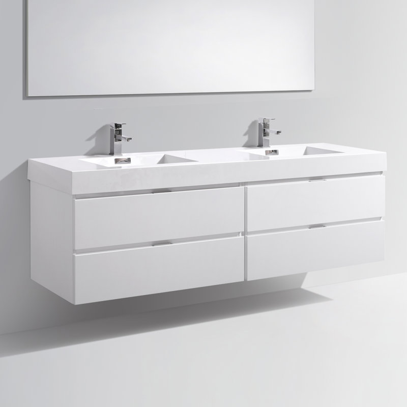 Ensemble de meuble-lavabo double mural 72 po Royka, Blanc lustré