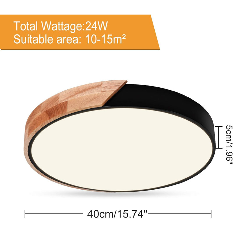 Plafonnier encastré rond en métal avec télécommande, Noir, L 15,74 po x P 15,74 po