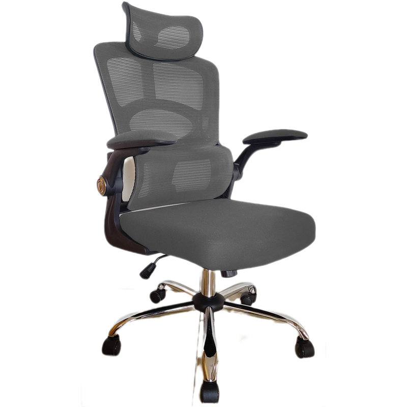 Chaise de bureau ergonomique à dossier haut en maille, soutien lombaire réglable sur 4 niveaux, appui-tête 2D, accoudoirs relevables, base métallique robuste, pivotante, idéale pour le bureau à domicile ou le gaming. Pieds gris électroplaqués.
