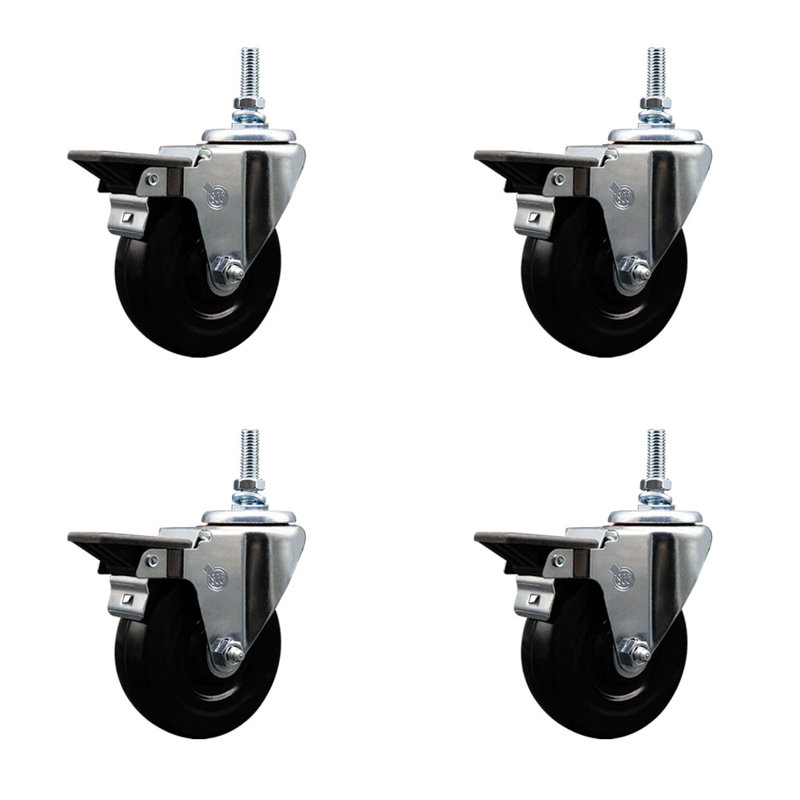 4 Inch_Hard Rubber 12MM Threaded Stem Caster Set with Brake